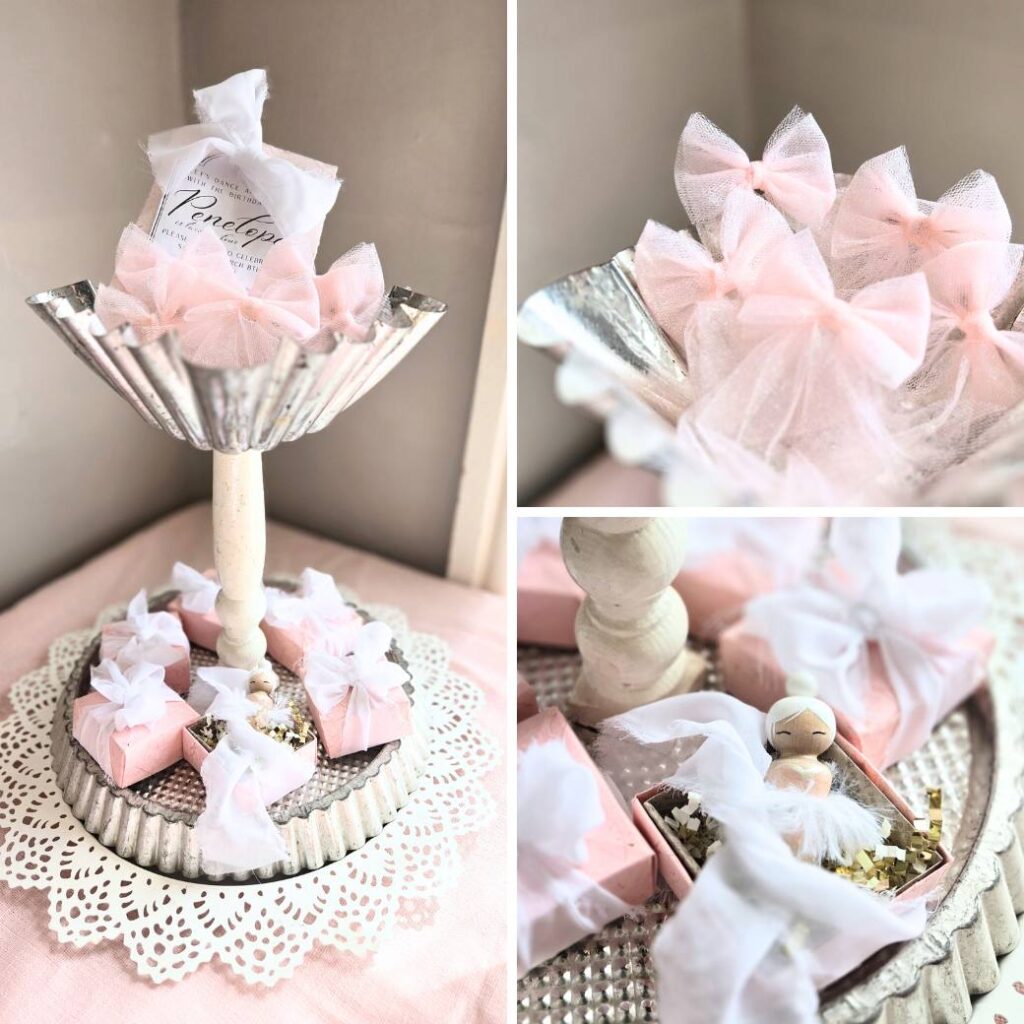 Collage showing ballerina birthday party favors. Pink hairbows and wooden ballerina peg dolls.