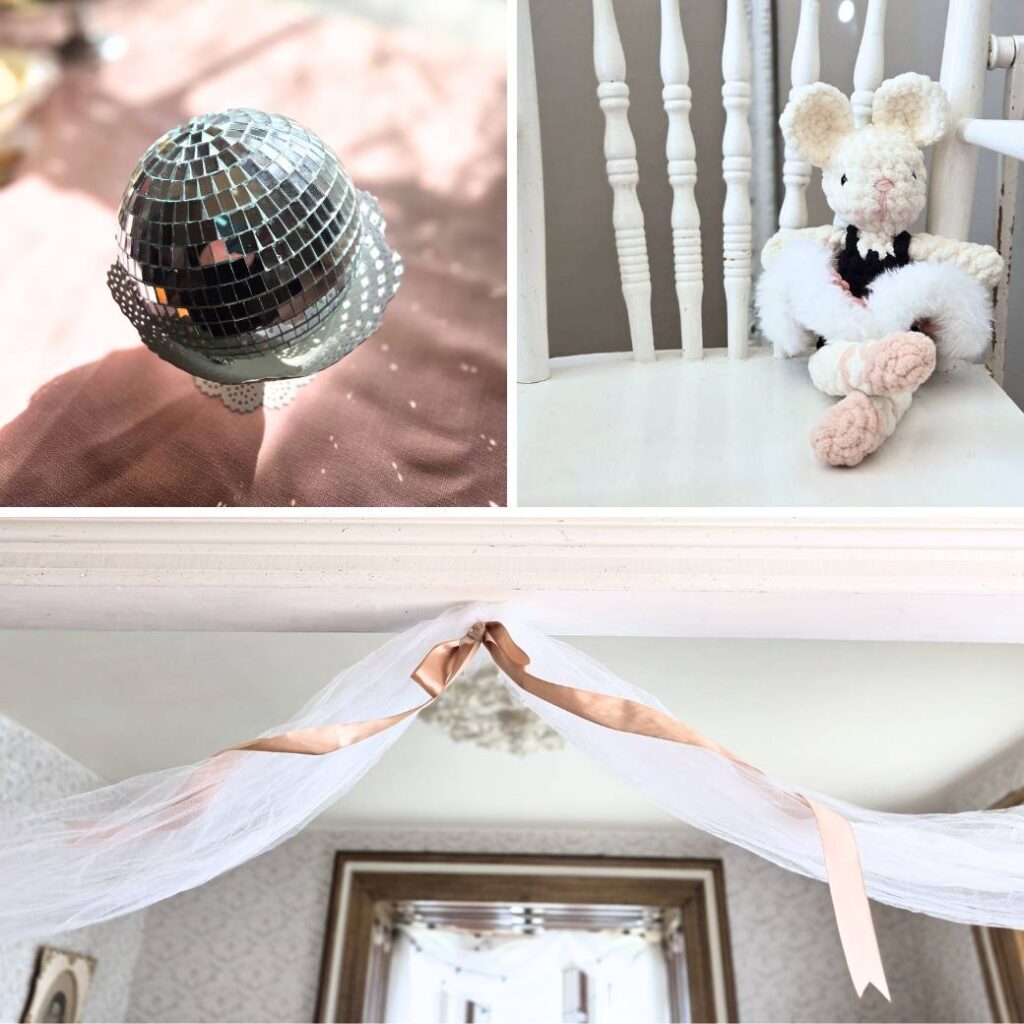 Collage of photos from a ballerina themed birthday party including, a small disco ball, crocheted mouse ballerina doll, and ribbons hanging in a doorway.