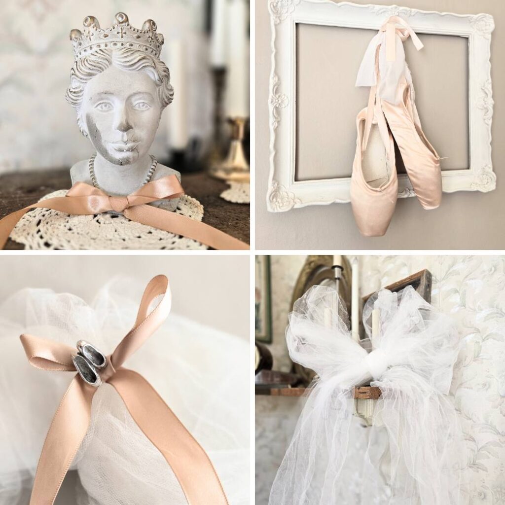 Collage of decorations from a ballerina and bows birthday party.