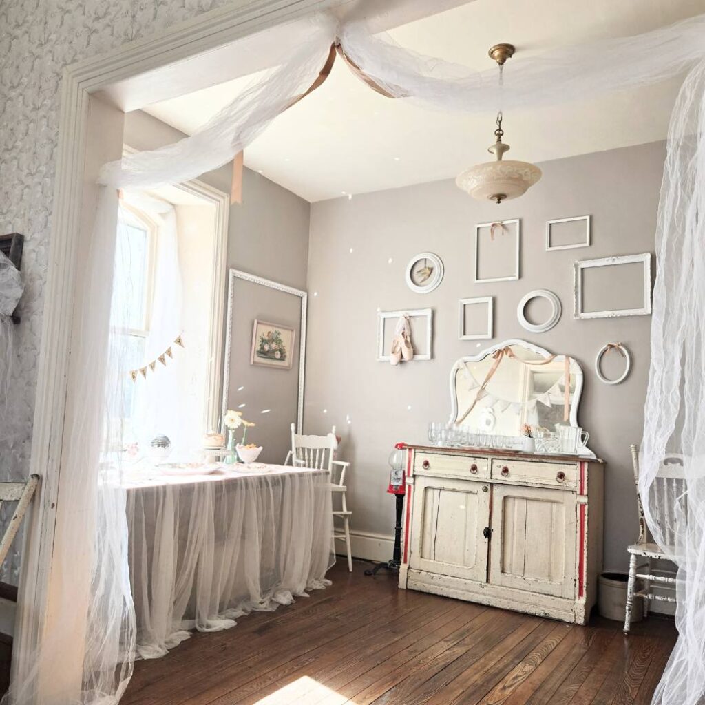 Dining room in old house decorated for a little girls' ballerina birthday party.